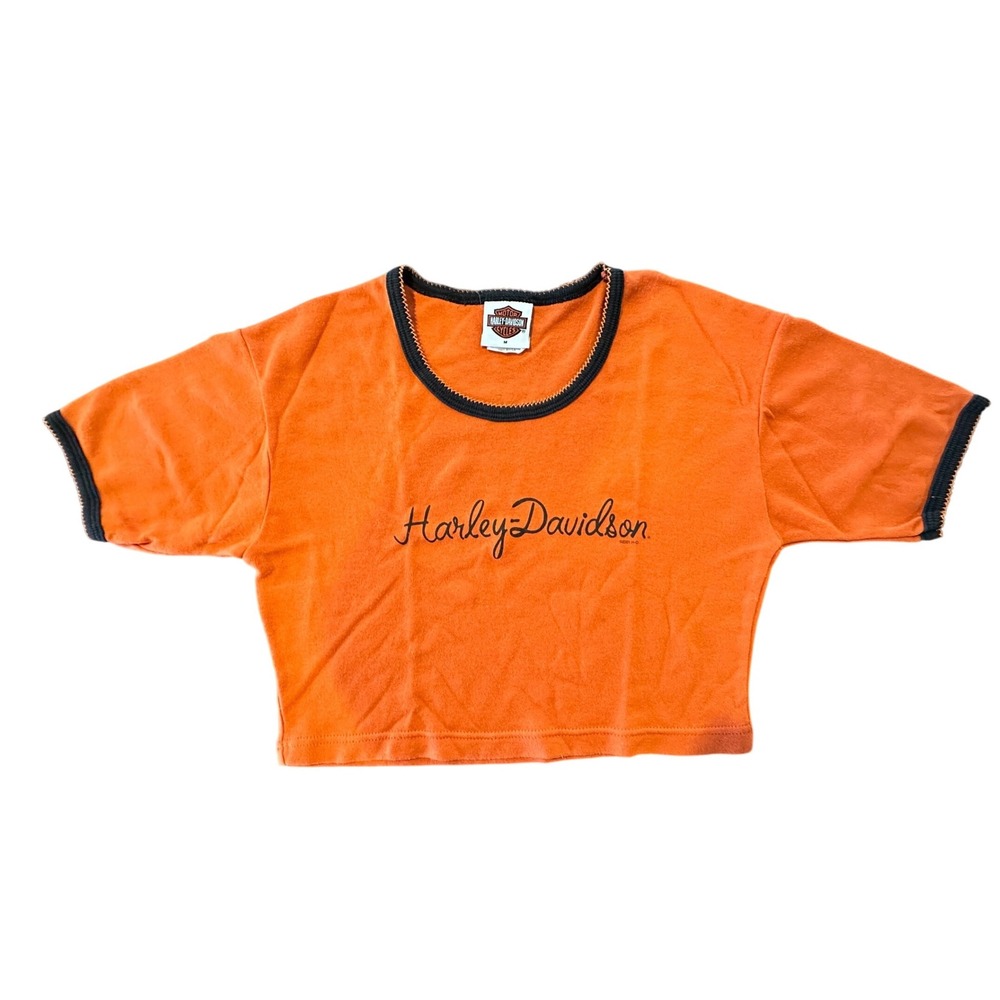 Vintage Harley Davidson Cropped Ringer Tee Orange Dayton OH 2001 Holoubek Medium
